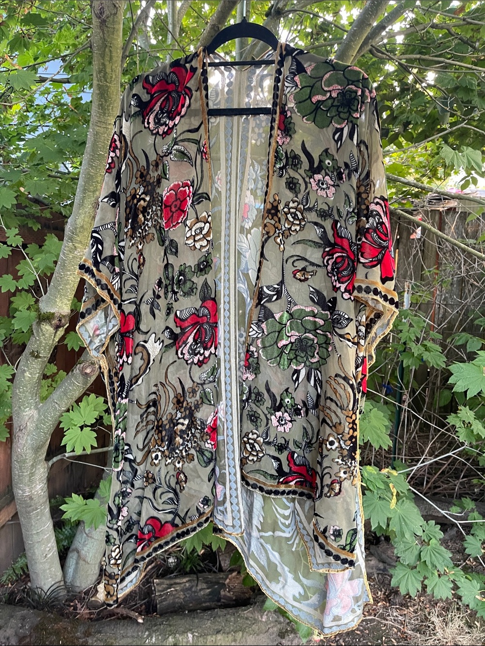 Embroidered Floral Kimono Wrap in Olive Green with Red Accents